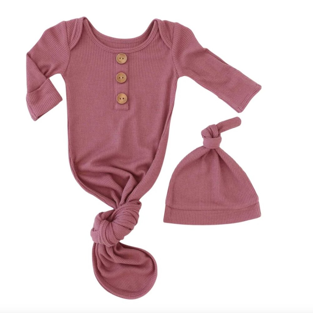 Boysenberry Bamboo Waffle Newborn Baby Knot Gown & Hat Set